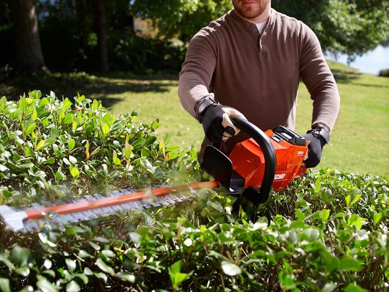 Man cutting a hedge with a 2019 Echo Cordless Hedge Trimmer CHT-58V2AH hedge trimmer