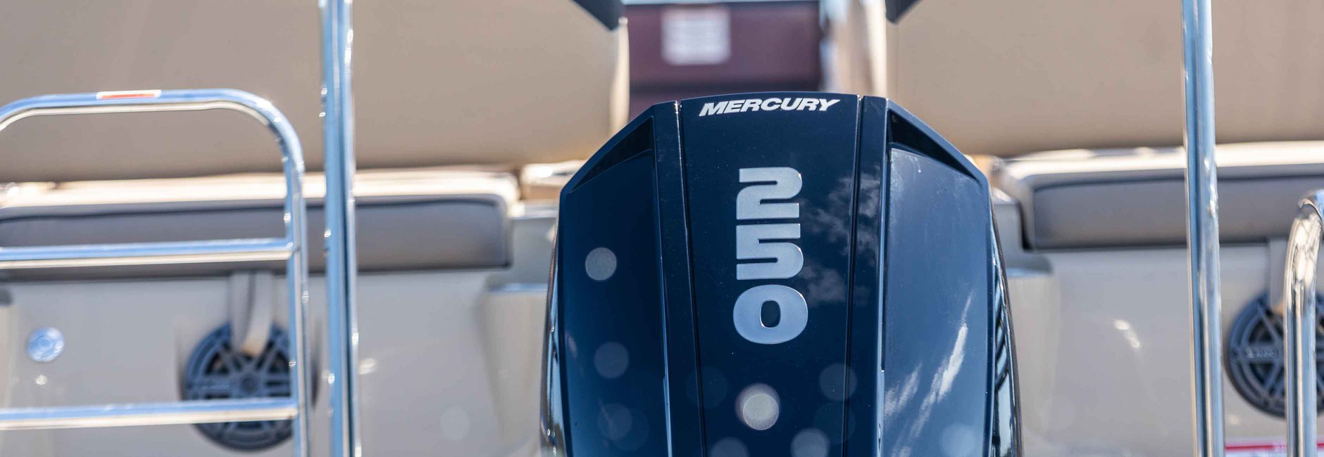 Close-up view of the front of a Mercury Marine outboard engine.