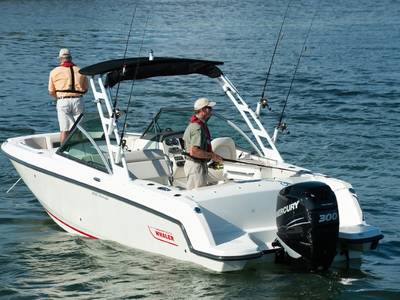 Two men fishing off the front and back of a Boston Whaler 230 Vantage® boat on the water.